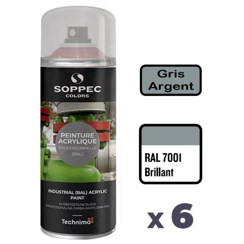 6 Peintures Acryliques Aérosol 520 ML Gris Argent - 7001 SOPPEC